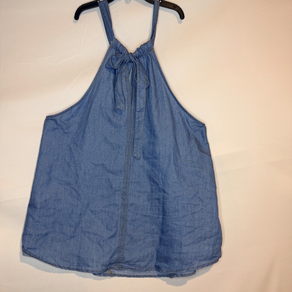 Sweet Wanderer Blue Chambray Halter Tie Neck Top Large Sleeveless Boho Blouse
